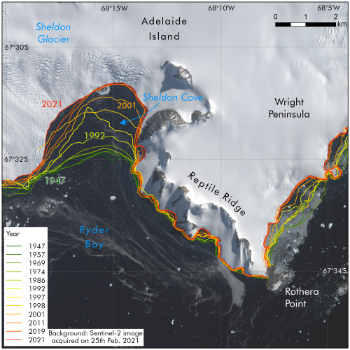 thumbnail for A map showing glacier change lines of Sheldon Glacier in Ryder Bay, Adelaide Island, between 1947 and 2021.