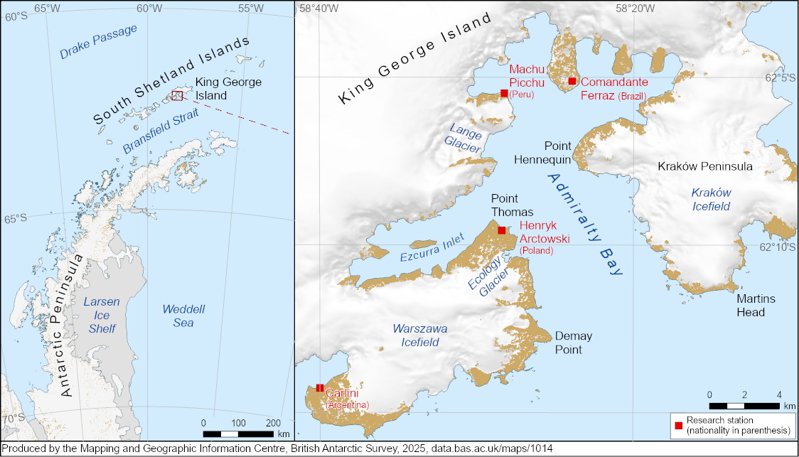 thumbnail for 2 panel map showing the location of Admiralty Bay and Ecology Glacier on King George Island, South Shetland Islands