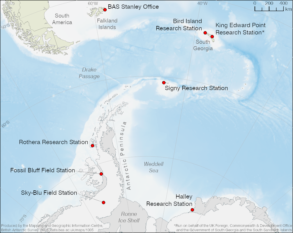 thumbnail for A map of British Antarctic Survey stations in Antarctica and the South Atlantic